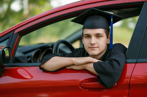 a college graduate driving a red car